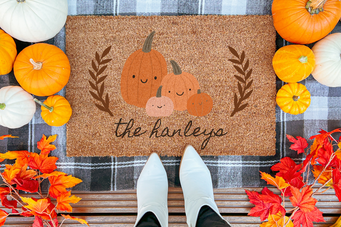 Cute Pumpkin Family with Name Custom Doormat