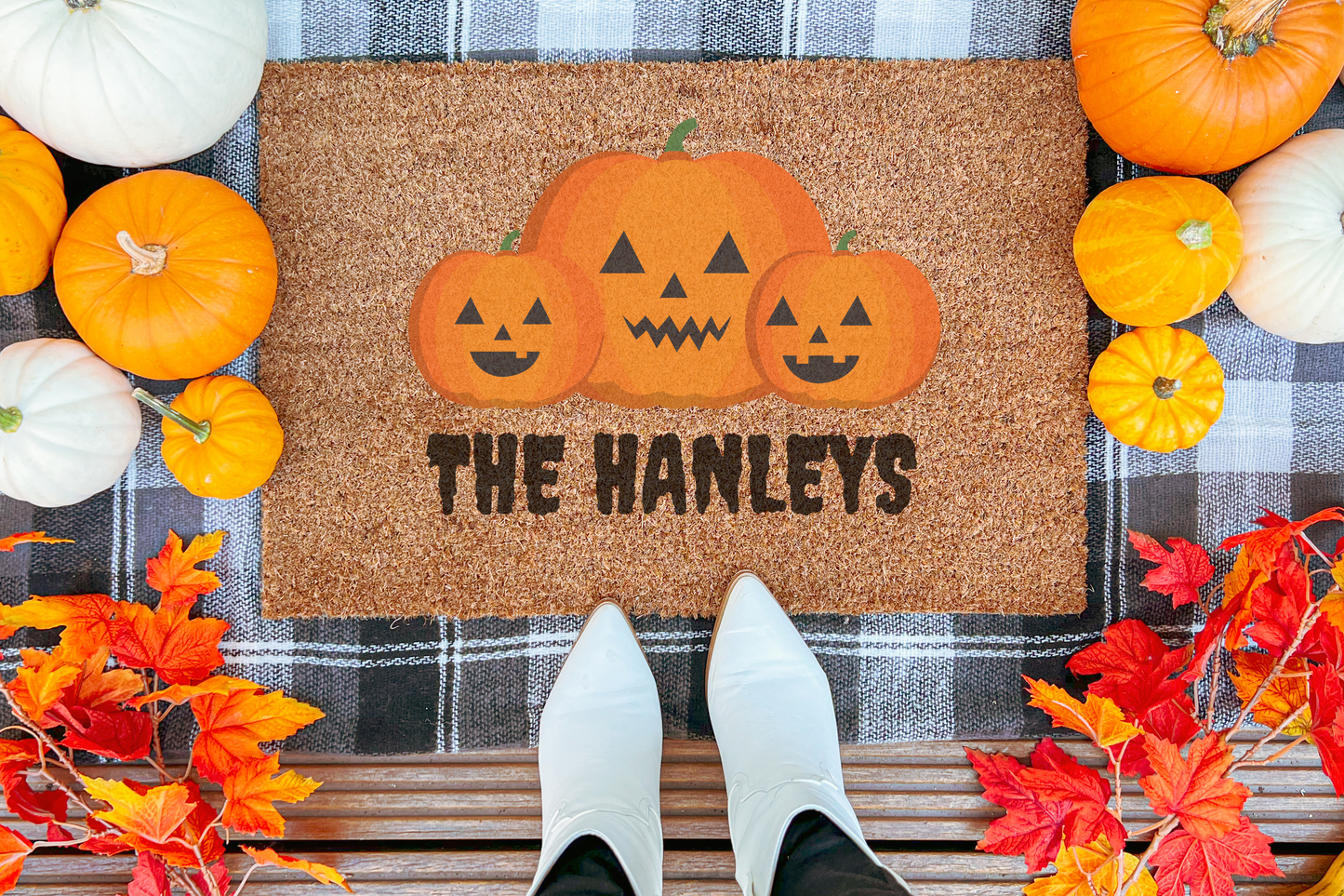 Jackolantern Family with Name Custom Doormat