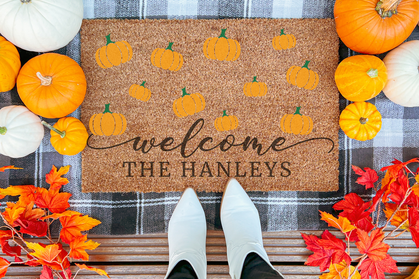 Welcome Orange Pumpkins Family Doormat