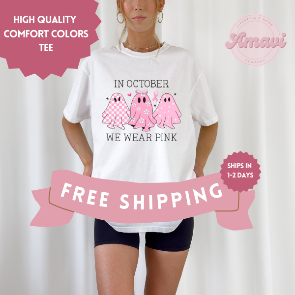 In October We Wear Pink Ghosts Breast Cancer Awareness Coquette Tee, Comfort Colors Unisex Tee