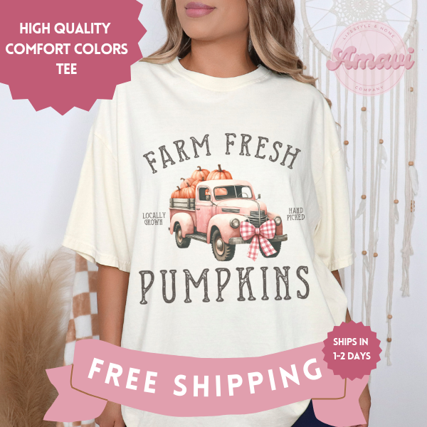 Farm Fresh Pumpkins with Cute Pink Truck Fall Comfort Colors Adult Unisex Tee