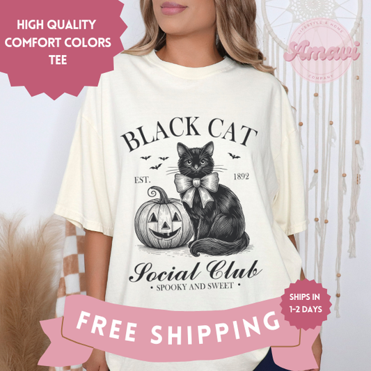 Black Cat Social Club Funny Halloween Comfort Colors Adult Unisex Tee