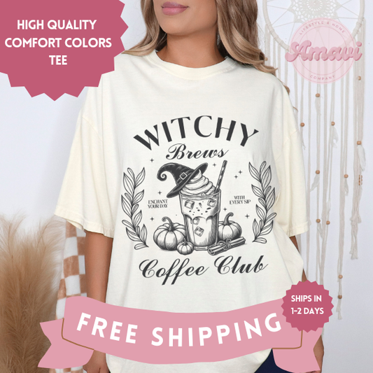 Witchy Brews Coffee Club Funny Halloween Comfort Colors Adult Unisex Tee