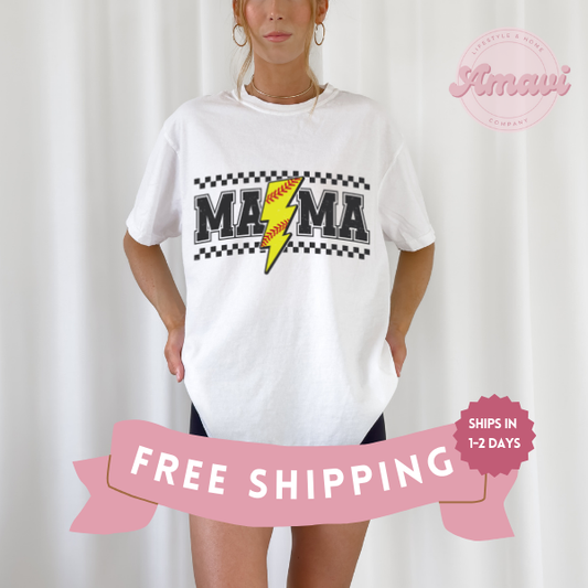 Softball Mama Checkered Comfort Colors Adult Unisex Tee