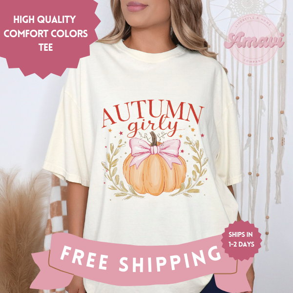 Autumn Girly Pumpkin with Bow Coquette Style Comfort Colors Adult Unisex Tee