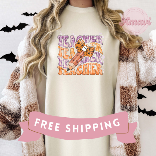 Teacher Coquette with Pencil & Bow Halloween Comfort Colors Unisex Adult Tee