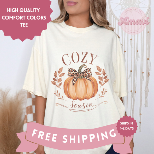 Cozy Season Pumpkin with Leopard Print Bow Coquette Style Comfort Colors Adult Unisex Tee