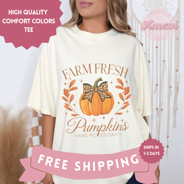 Farm Fresh Pumpkin with Leopard Bow Coquette Style Comfort Colors Adult Unisex Tee