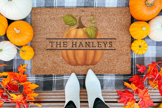 Rustic Pumpkin Family Name Custom Doormat