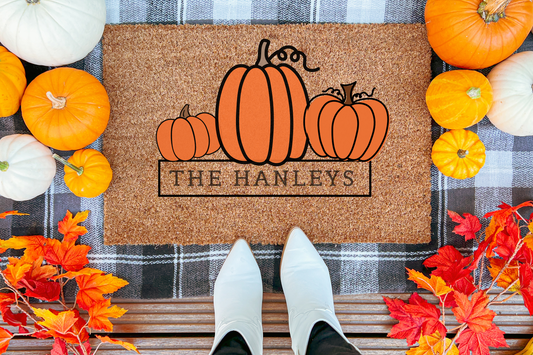 Orange Pumpkins Family Name Custom Doormat