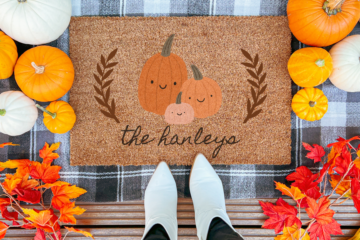 Cute Pumpkin Family with Name Custom Doormat